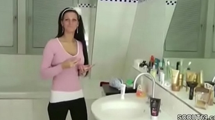 German Step-Sister Caught in Bathroom and Helps with Hj