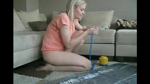 Sophie inflates her beach mat at home then plays with her vagina