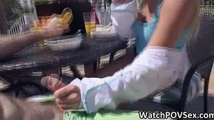 Great Girlfriend strokes shaft at table